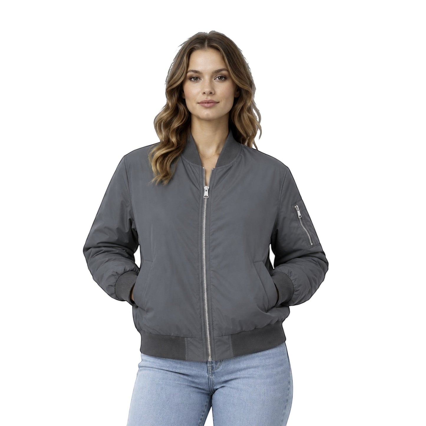 Style Touch Bomberjacke in Dunkelgrau mit Reißverschluss und Rippbündchen an einer Frau vor weißem Hintergrund