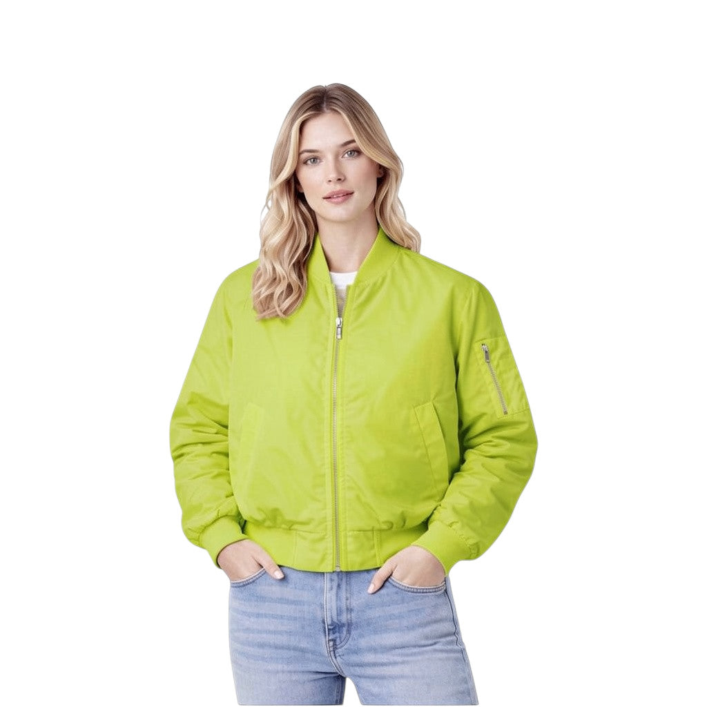 Style Touch Bomberjacke in leuchtendem Neongelb mit Reißverschluss und Ärmeltasche, getragen von einer Frau