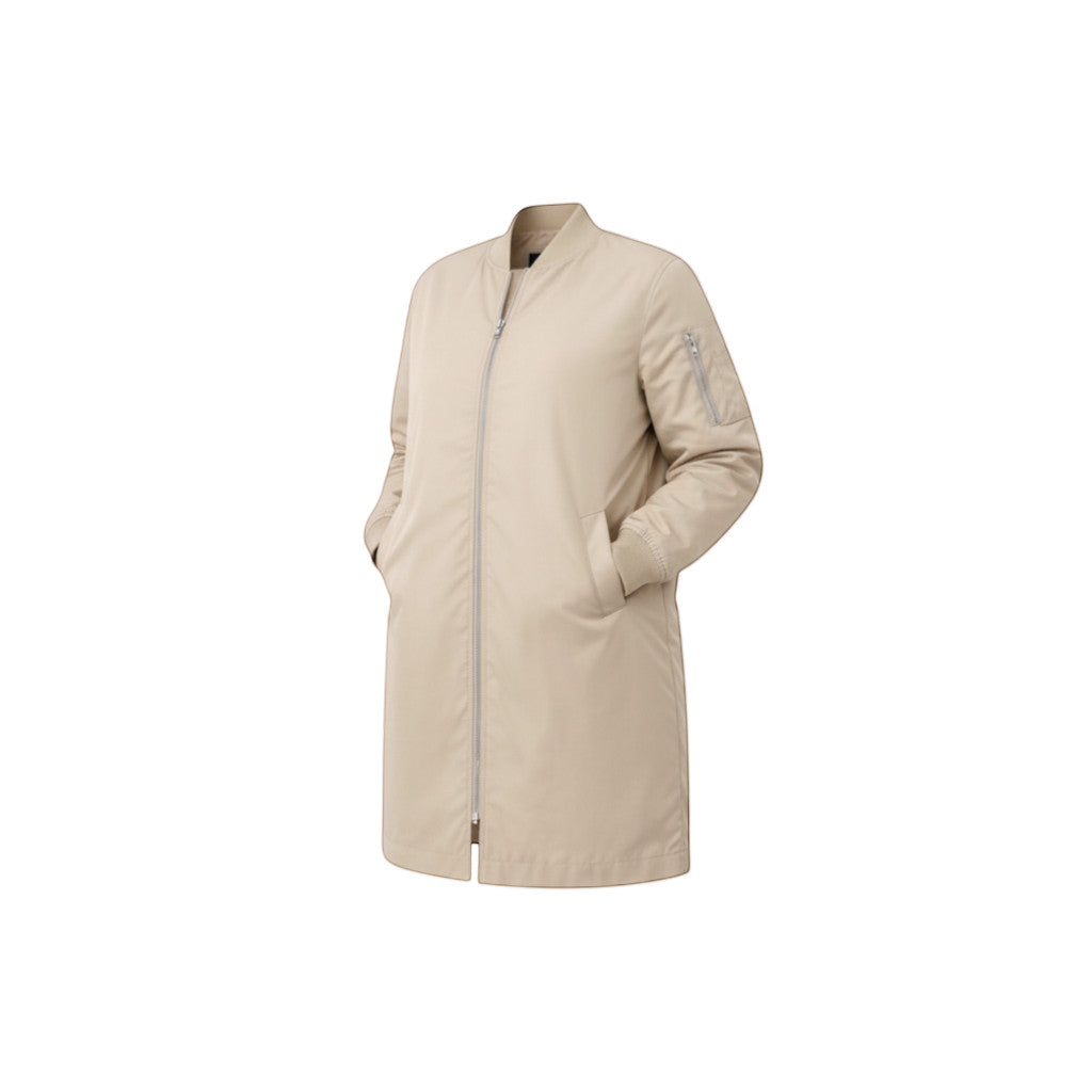 Style Touch beige mid-length bomber jacket with zip closure and zippered sleeve pocket.